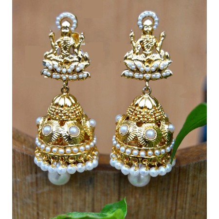 Gold Plated Goddess Pearl Jhumka Earrings